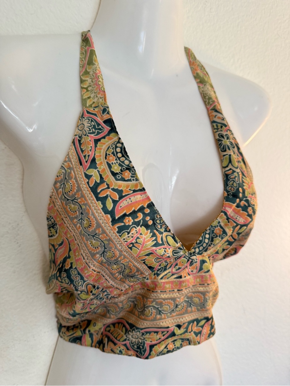 Kathmandu Paisley Halter Crop Top in Green and Gold Tones reversing